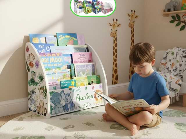 Nursery Bookcase - Personalised Baby Shower Rainbow & Cute Animal Themes Front-Facing Ships Assembled Handmade in UK - image 1