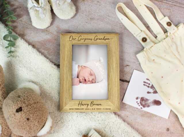 "Grandson Photo Frame, Gorgeous New Grandson, Grandparents Gift, Personalised Baby Engraved Name Picture 4""x6" - image 1
