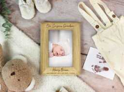 "Grandson Photo Frame, Gorgeous New Grandson, Grandparents Gift, Personalised Baby Engraved Name Picture 4""x6"