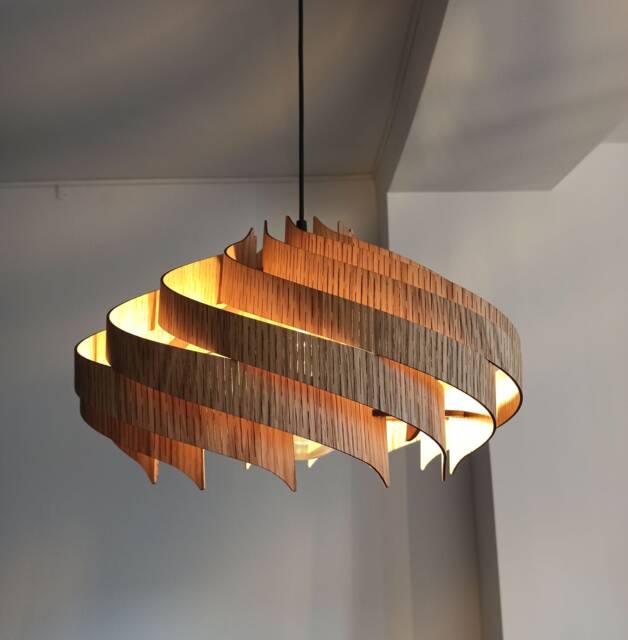Oak Chandelier For Staircase - Modern Statement Ceiling Light, Natural Wood Dining Room Pendant - image 1