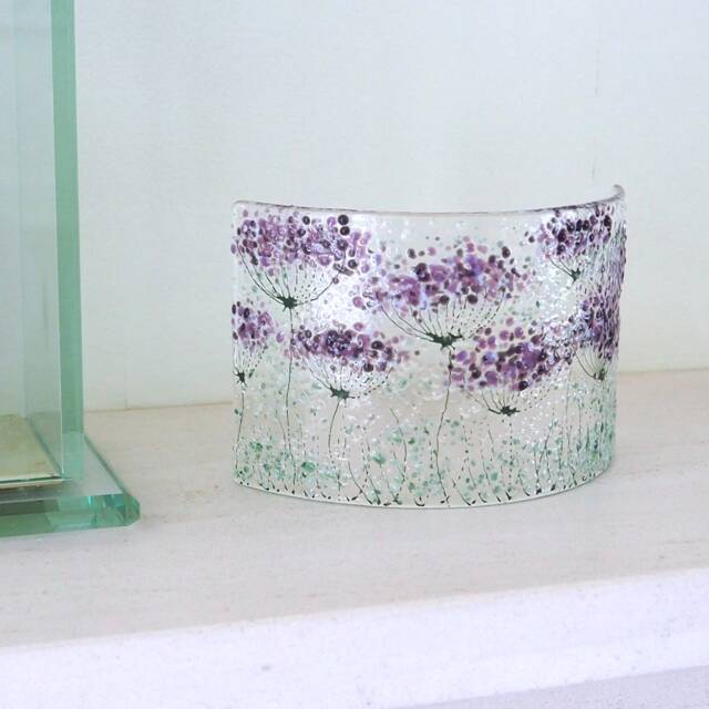 Fused Glass Candle Screen, Purple Flowers Curve, Flower Sculpture Ecs 1124 - image 1