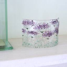 Fused Glass Candle Screen, Purple Flowers Curve, Flower Sculpture Ecs 1124 - thumbnail 1