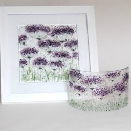 Fused Glass Candle Screen, Purple Flowers Curve, Flower Sculpture Ecs 1124 - thumbnail 2