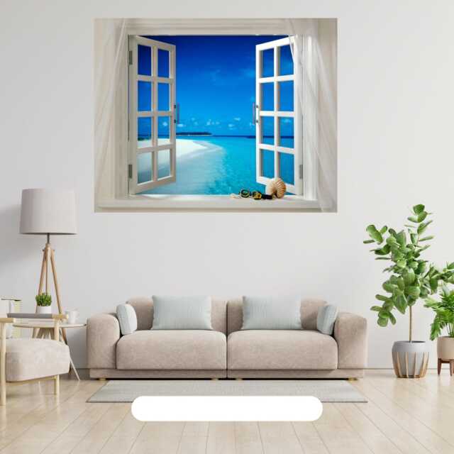 3D Window Wall Art Vinyl Sticker Scenery Tropical Beach View Bedroom Decal Decor Peel & Stick - image 1