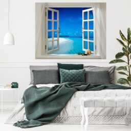 3D Window Wall Art Vinyl Sticker Scenery Tropical Beach View Bedroom Decal Decor Peel & Stick - thumbnail 3
