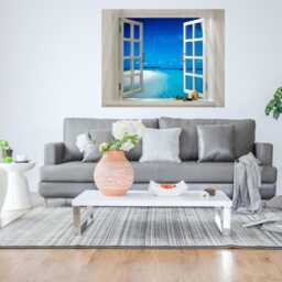 3D Window Wall Art Vinyl Sticker Scenery Tropical Beach View Bedroom Decal Decor Peel & Stick - thumbnail 2