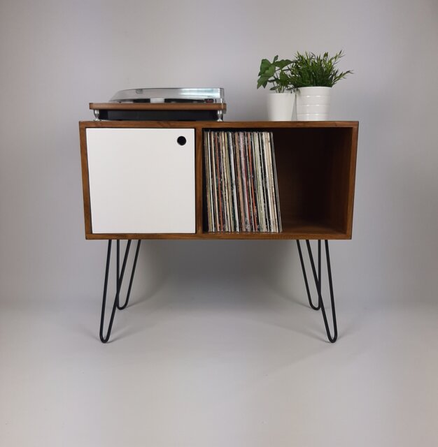 Walnut Sideboard with White Door & Black Hairpin Legs - Vinyl Record Storage Media Console - image 1