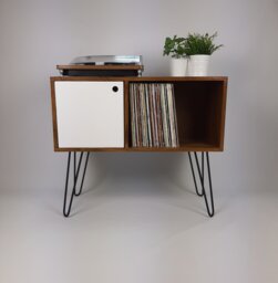 Walnut Sideboard with White Door & Black Hairpin Legs - Vinyl Record Storage Media Console - thumbnail 1