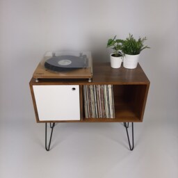 Walnut Sideboard with White Door & Black Hairpin Legs - Vinyl Record Storage Media Console - thumbnail 2