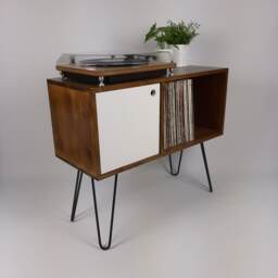 Walnut Sideboard with White Door & Black Hairpin Legs - Vinyl Record Storage Media Console - thumbnail 3