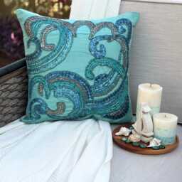 "Blue Bead & Sequin Art Silk Abstract Pattern Throw Pillow Cover, 16""x16" - thumbnail 2