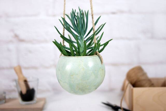 Handmade Speckled Mint Ceramic Hanging Planter Boho Home Decor - image 1
