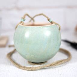 Handmade Speckled Mint Ceramic Hanging Planter Boho Home Decor - thumbnail 3