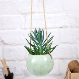 Handmade Speckled Mint Ceramic Hanging Planter Boho Home Decor - thumbnail 4