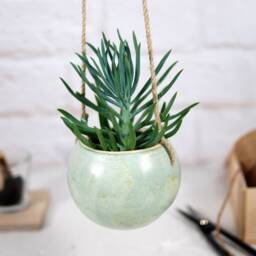 Handmade Speckled Mint Ceramic Hanging Planter Boho Home Decor - thumbnail 2