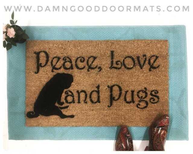 Peace Love & Pugs Doormat, Dog Lover Welcome Mat - image 1