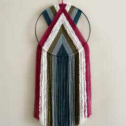Yarn Hoop Wall Hanging Magenta, Teal & Blue, Modern Boho Decor - thumbnail 2