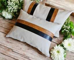 Color Block Lumbar Pillow Cover Faux Leather & Linen, Modern Scandinavian Decor
