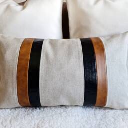 Color Block Lumbar Pillow Cover Faux Leather & Linen, Modern Scandinavian - thumbnail 3