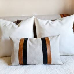 Color Block Lumbar Pillow Cover Faux Leather & Linen, Modern Scandinavian - thumbnail 2