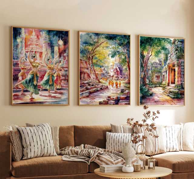 Siem Reap Cambodia Poster Set Of 3, Vintage Travel Illustration, Retro Temple Landscape Wall Art Prints - image 1