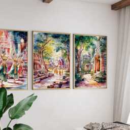 Siem Reap Cambodia Poster Set Of 3, Vintage Travel Illustration, Retro Temple Landscape Wall Art Prints - thumbnail 4