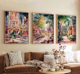 Siem Reap Cambodia Poster Set Of 3, Vintage Travel Illustration, Retro Temple Landscape Wall Art Prints - thumbnail 1