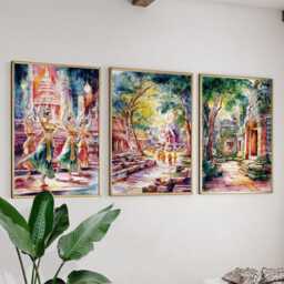 Siem Reap Cambodia Poster Set Of 3, Vintage Travel Illustration, Retro Temple Landscape Wall Art Prints - thumbnail 3