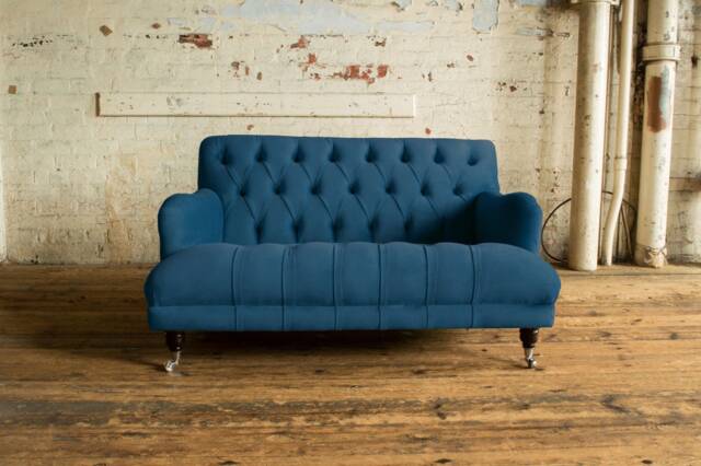 2 Seater Low Ocean Navy Blue Velvet Chesterfield Sofa, British Handmade - image 1