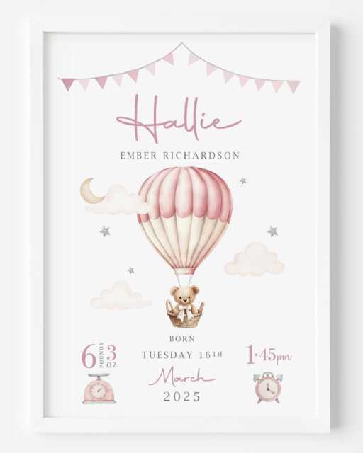 New Baby Boy Girl Personalised Gift - Birth Details Print Newborn Keepsake Teddy Bear Nursery - image 1