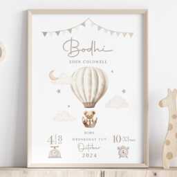 New Baby Boy Girl Personalised Gift - Birth Details Print Newborn Keepsake Teddy Bear Nursery - thumbnail 2