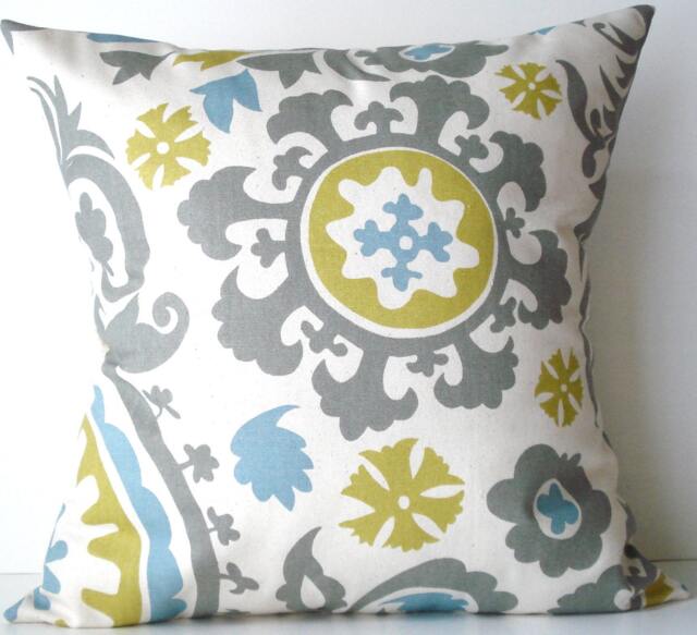 New 18x18 Inch Designer Handmade Pillow Case. Suzani Print in Blue, Grey, & Chartreuse