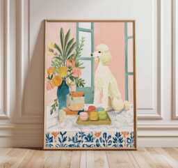 Poodle Wall Art - Cute Dog Poster With Macarons, & Pillows, Cozy Pet Print For Living Room Decor, Puppy Illustration Lovers - thumbnail 1