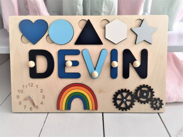 Personalized Name Puzzle Busy Board, Montessori Wooden Toy - image 1