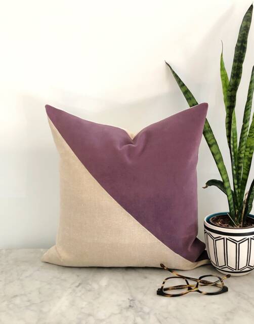 Purple Velvet Color Block Pillow Cover, Gold Linen Cushion, Glam Decor - image 1