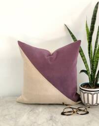 Purple Velvet Color Block Pillow Cover, Gold Linen Cushion, Glam Decor