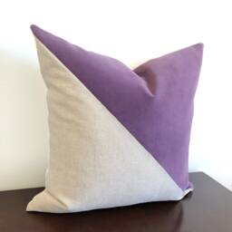 Purple Velvet Color Block Pillow Cover, Gold Linen Cushion, Glam Decor - thumbnail 3