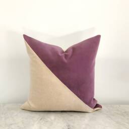 Purple Velvet Color Block Pillow Cover, Gold Linen Cushion, Glam Decor - thumbnail 2