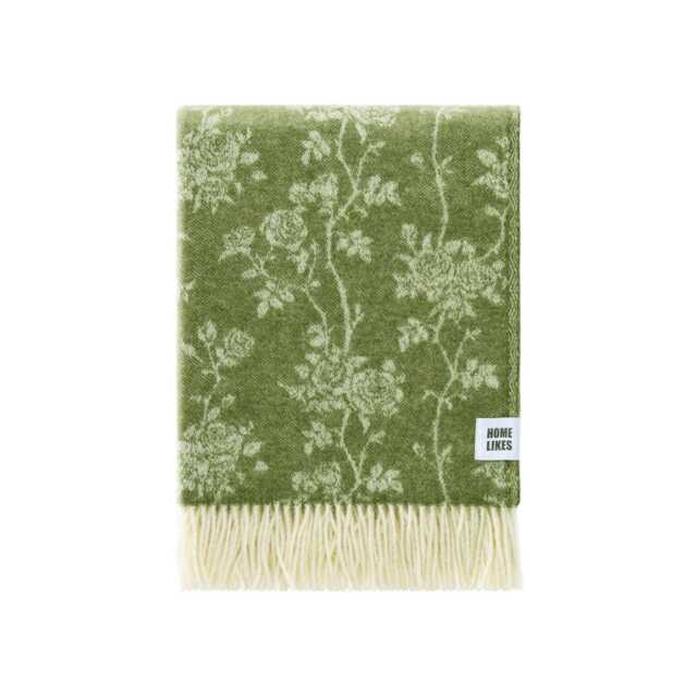 Roses Wool Throw - Moss Green Floral Woven Blanket Recycled Merino - image 1