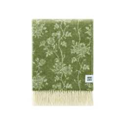 Roses Wool Throw - Moss Green Floral Woven Blanket Recycled Merino - thumbnail 1
