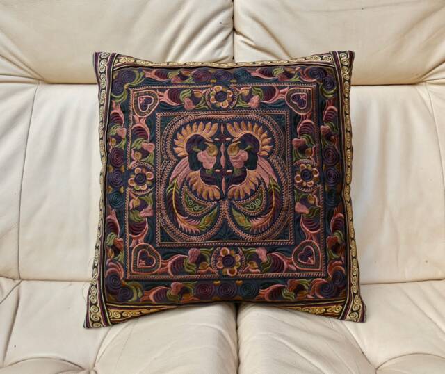 Embroidered Cushion Cover, Thai Cushion, Bohemian Hmong Hilltribe, Boho Decor, Throw Pillow, Mocha Colour - image 1