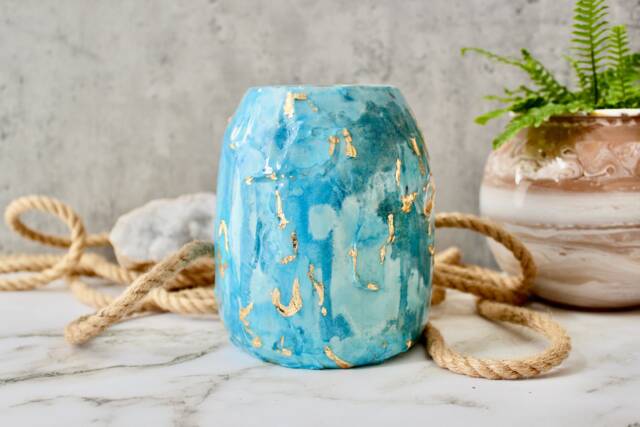 Hand Painted Blue & Gold Vase - Textured Glass Decor Pot