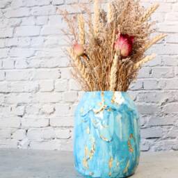 Hand Painted Blue & Gold Vase - Textured Glass Decor Pot - thumbnail 2