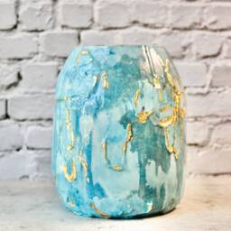 Hand Painted Blue & Gold Vase - Textured Glass Decor Pot - thumbnail 3