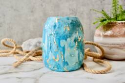 Hand Painted Blue & Gold Vase - Textured Glass Decor Pot - thumbnail 1