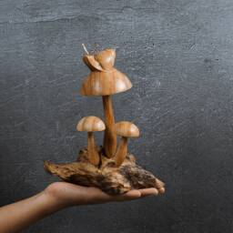 Wood Carving Snail & Mushroom Statue Natural Home Decor 7.8 - thumbnail 4