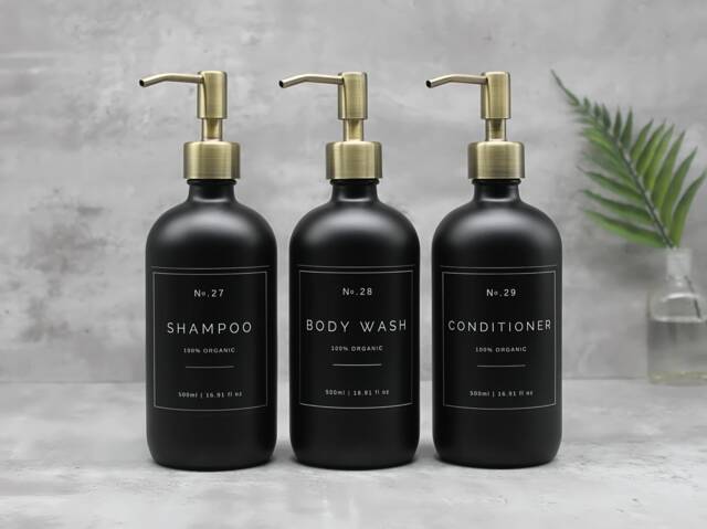 Refillable Matte Black Glass Dispenser Bottle With Metal Pump & Choice Of Label - image 1