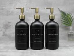 Refillable Matte Black Glass Dispenser Bottle With Metal Pump & Choice Of Label - thumbnail 1
