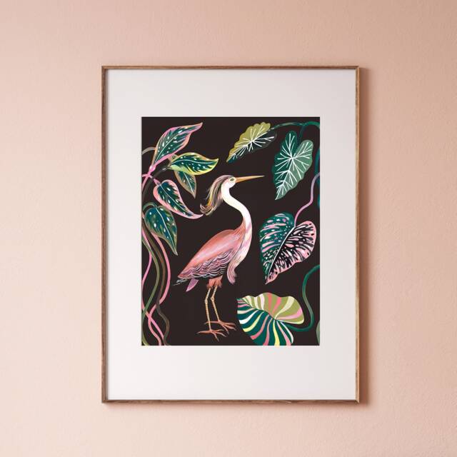 Pink Heron Art Print - Tropical Gouache Painting By Christine De Carvalho - image 1