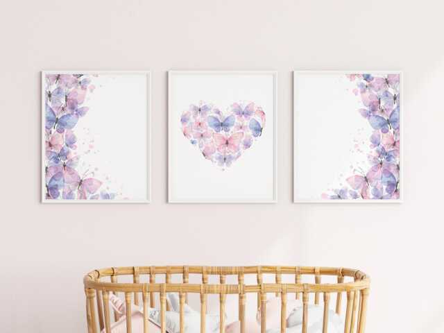 Butterfly & Heart Wall Art - Girls Nursery Prints, Set Of 3 - Printed Or Framed - image 1